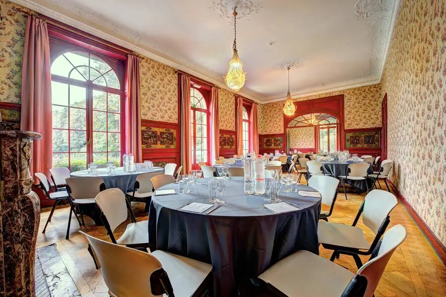 Red salon set with round tables